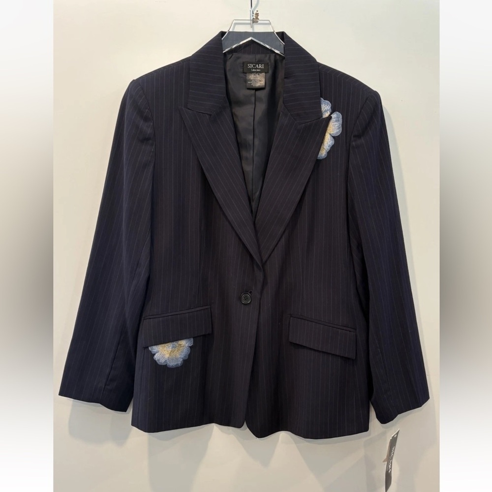 NWT SICARI Collection Pinstriped Embroidered Blazer‎ Suit Jacket Womens 18